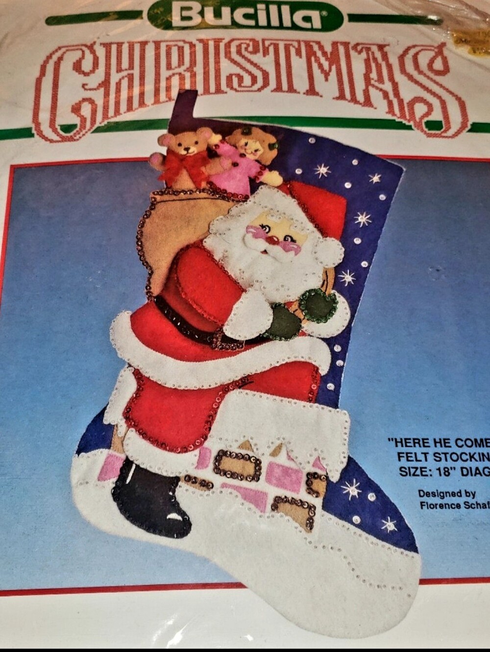 Vintage Bucilla Christmas "Here He Comes" Felt Stocking Kit